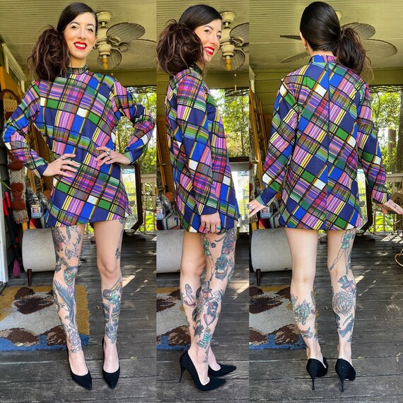 Vintage Colorful Rainbow Plaid 1970’s Micro Mini D