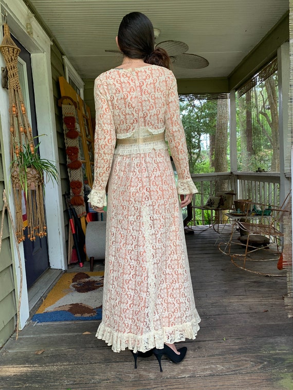 Vintage 1970’s Prairie Dress Burnt Orange Cream L… - image 5