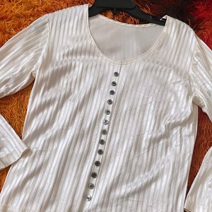 Vintage 1970’s Striped White Satin Blouse Buttons M Darling