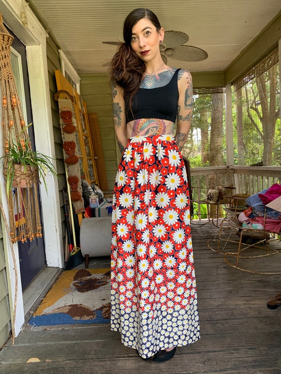 Vintage 1970’s Sunflower Color Block Maxi Skirt H… - image 3