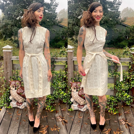 cream wiggle dress Vintage 1960's Embossed Silk Neiman Marcus Wiggle Dress Cream Ecru Belt XS