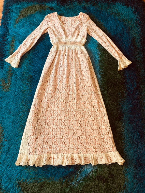 Vintage 1970’s Prairie Dress Burnt Orange Cream L… - image 10