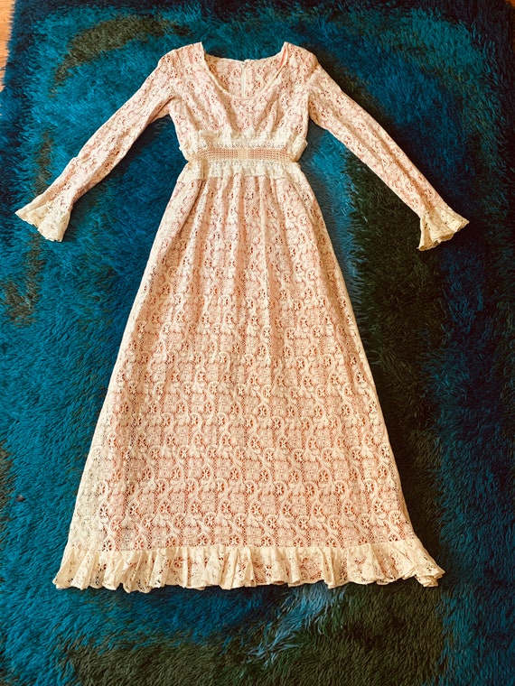 Vintage 1970's Prairie Dress Burnt Orange Cream Lace Ruffle Tulip