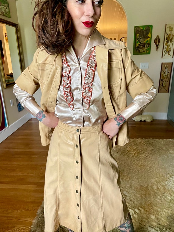 Vintage 1970’s Tan Vinyl Skirt Set Suit Jonathan … - image 5