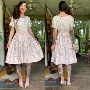 Vintage 1950’s Cotton Sun Dress Micro Floral Rose Julie Miller California size xs Blush Pink