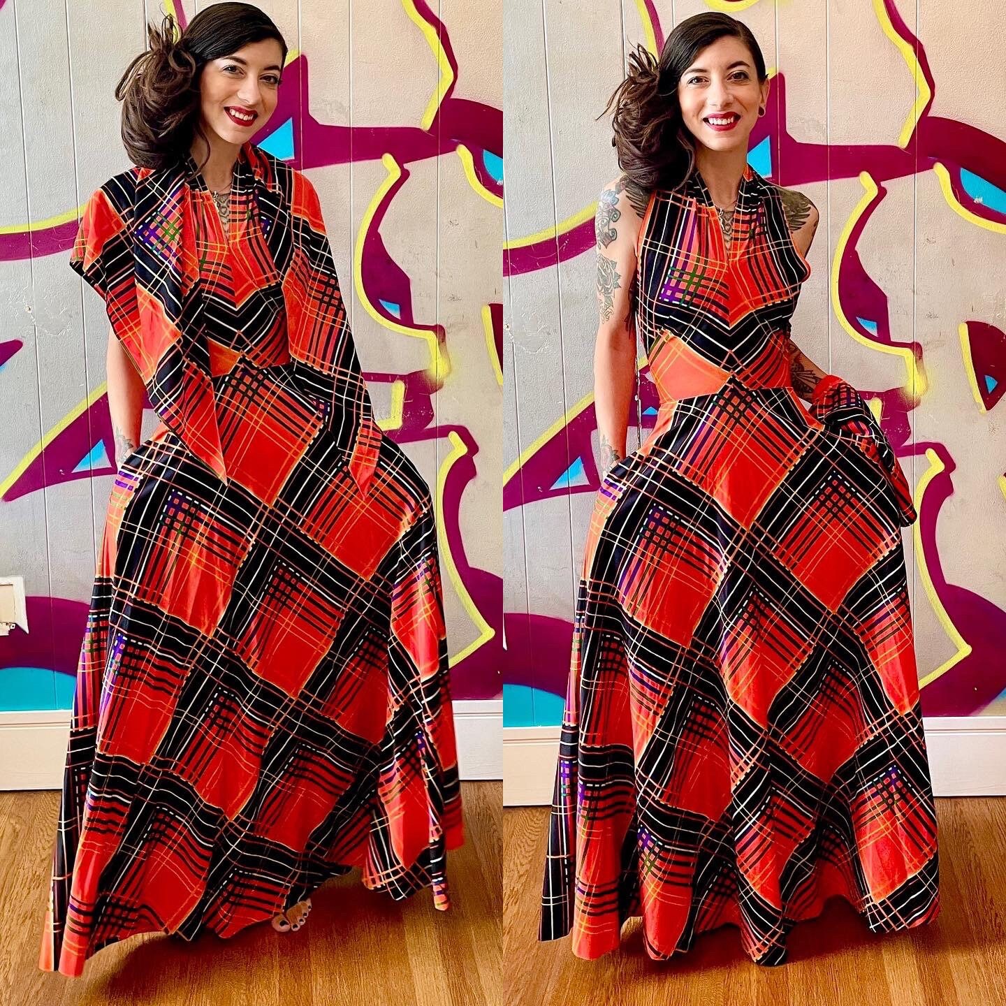 Vintage Exquisite Lillie Rubin Tartan Plaid Halter Maxi Dress Pockets Shawl xs Rare