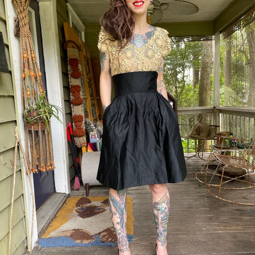 Vintage 1950’s Demi-Couture Betty Lynne Cocktail Dress Pockets Lace 26” waist shops