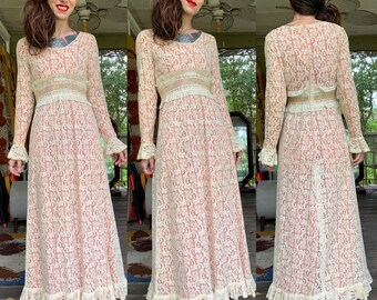 Vintage 1970’s Prairie Dress Burnt Orange Cream Lace Ruffle Tulip Sleeve size xs small