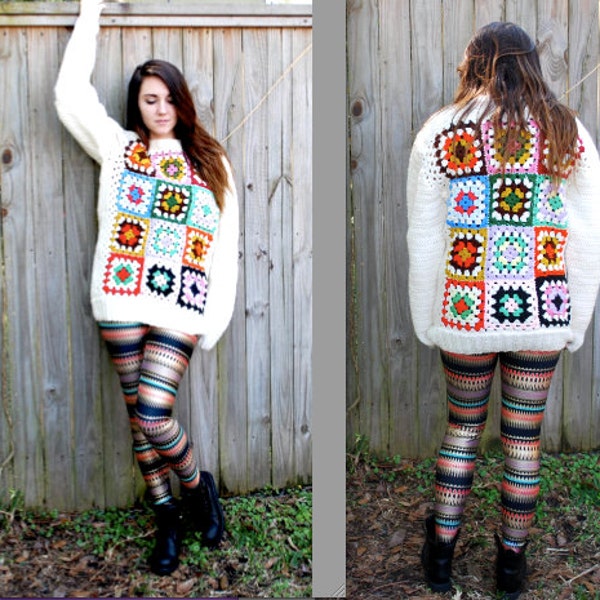 Vintage // Gypsy Hippie Boho Afghan Sweater // Rare Blanket Square Patches Grandma Knit