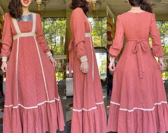 Vintage 1970’s FRITZI of California Terra Cotta Prairie Dress Cottage Core 28 waist