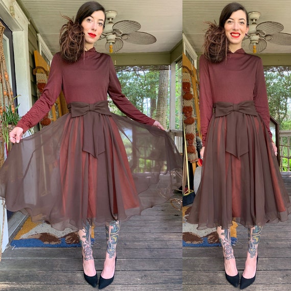 Stunning Vintage 1970’s Orange Brown Ruffle Crepe… - image 1