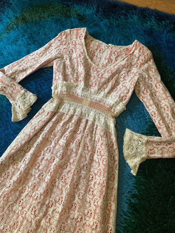 Vintage 1970’s Prairie Dress Burnt Orange Cream L… - image 7