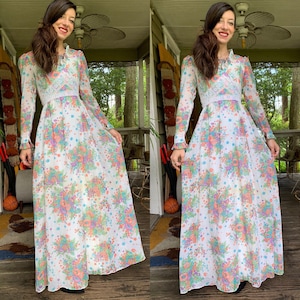 Vintage 1970’s Ethereal Boho Floral Prairie Dress Ruffles size xs small Lace
