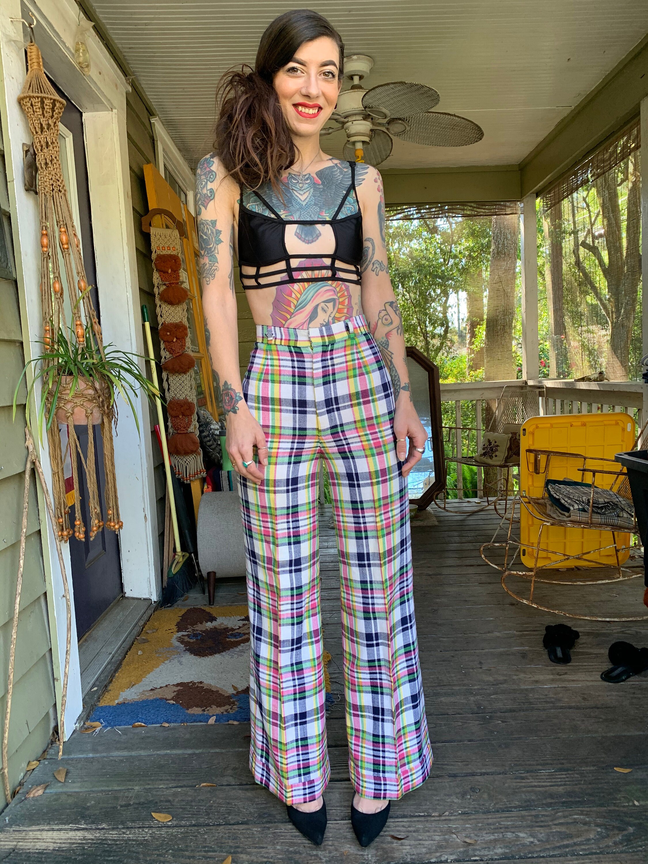 Rare Vintage 1960's 70's Rainbow Plaid Bell Bottoms Flares Size Xs
