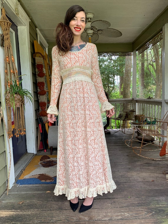 Vintage 1970’s Prairie Dress Burnt Orange Cream L… - image 2