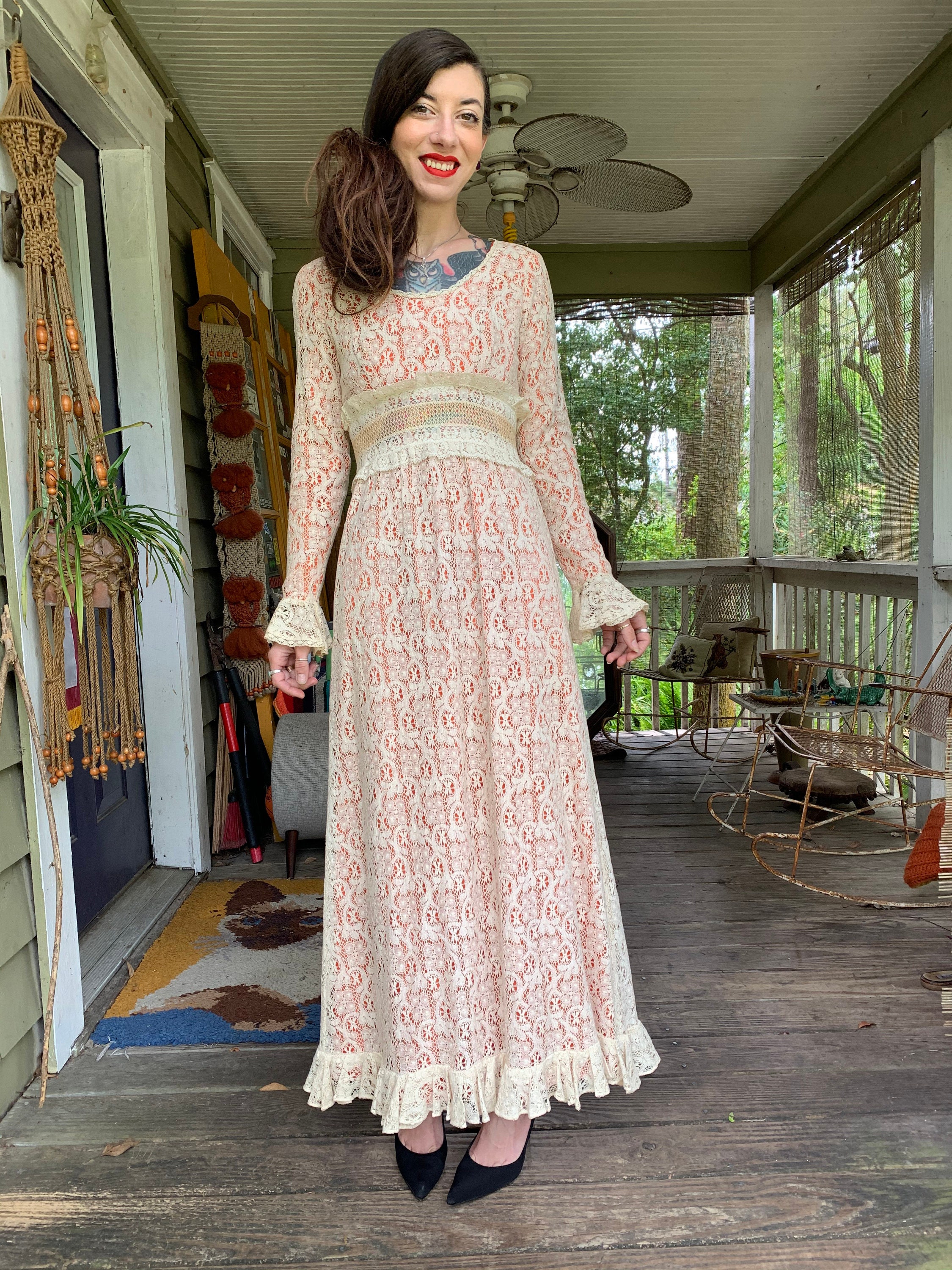 Vintage 1970's Prairie Dress Burnt Orange Cream Lace Ruffle Tulip