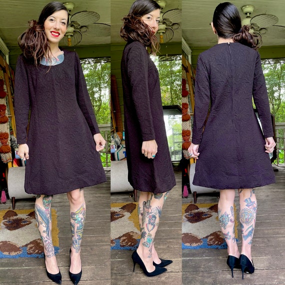 Vintage 1960’s Mod Textured Black Dress Mid centu… - image 1