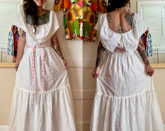 Vintage Deadstock White Eyelet Daisy Shaheen Miss K Maxi Dress Rose Belt Small