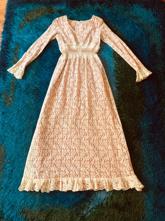 Vintage 1970’s Prairie Dress Burnt Orange Cream L… - image 6