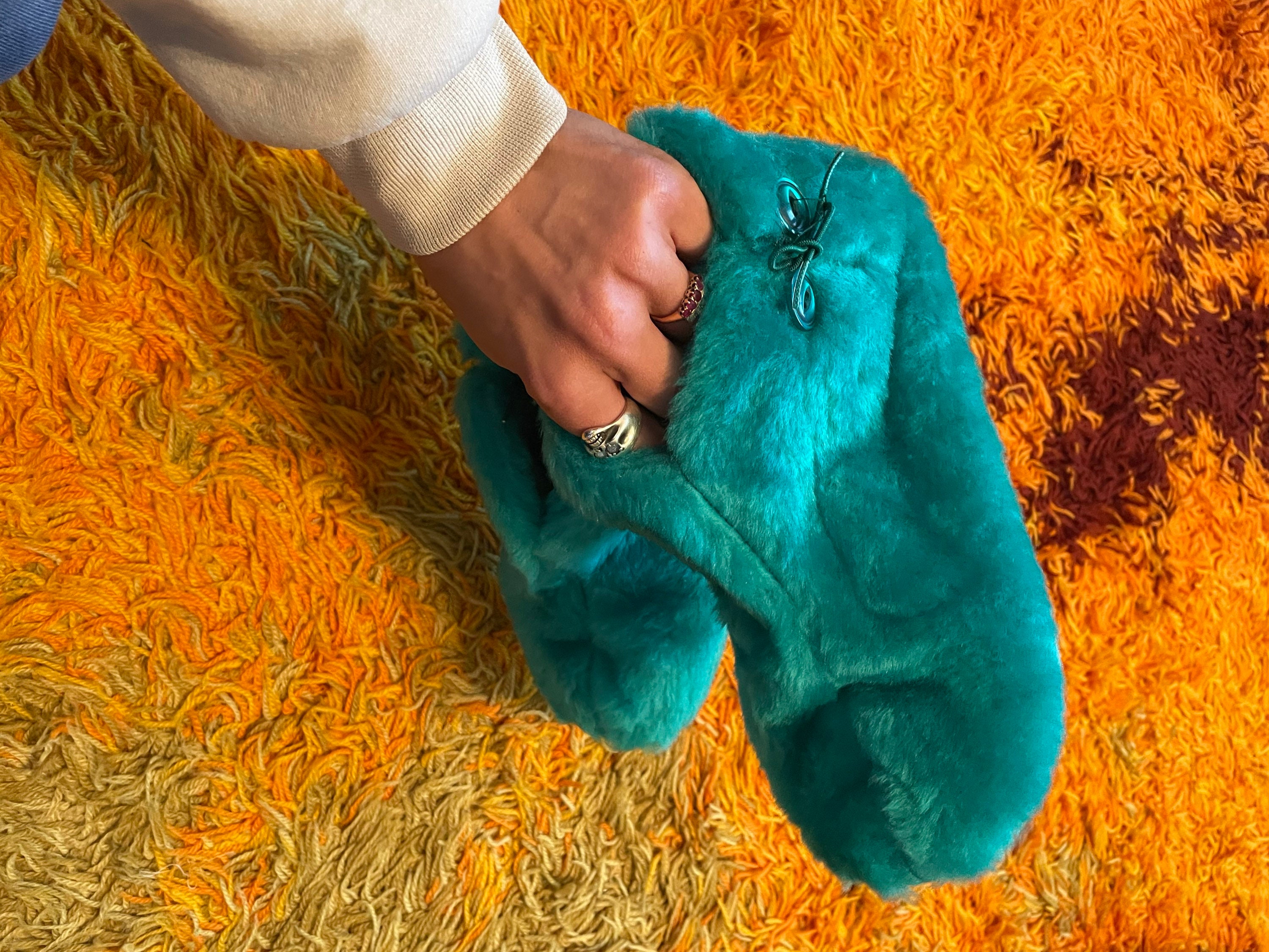 Vintage Fuzzy Cookie Monster House Shoes Slippers Teal Blue Green