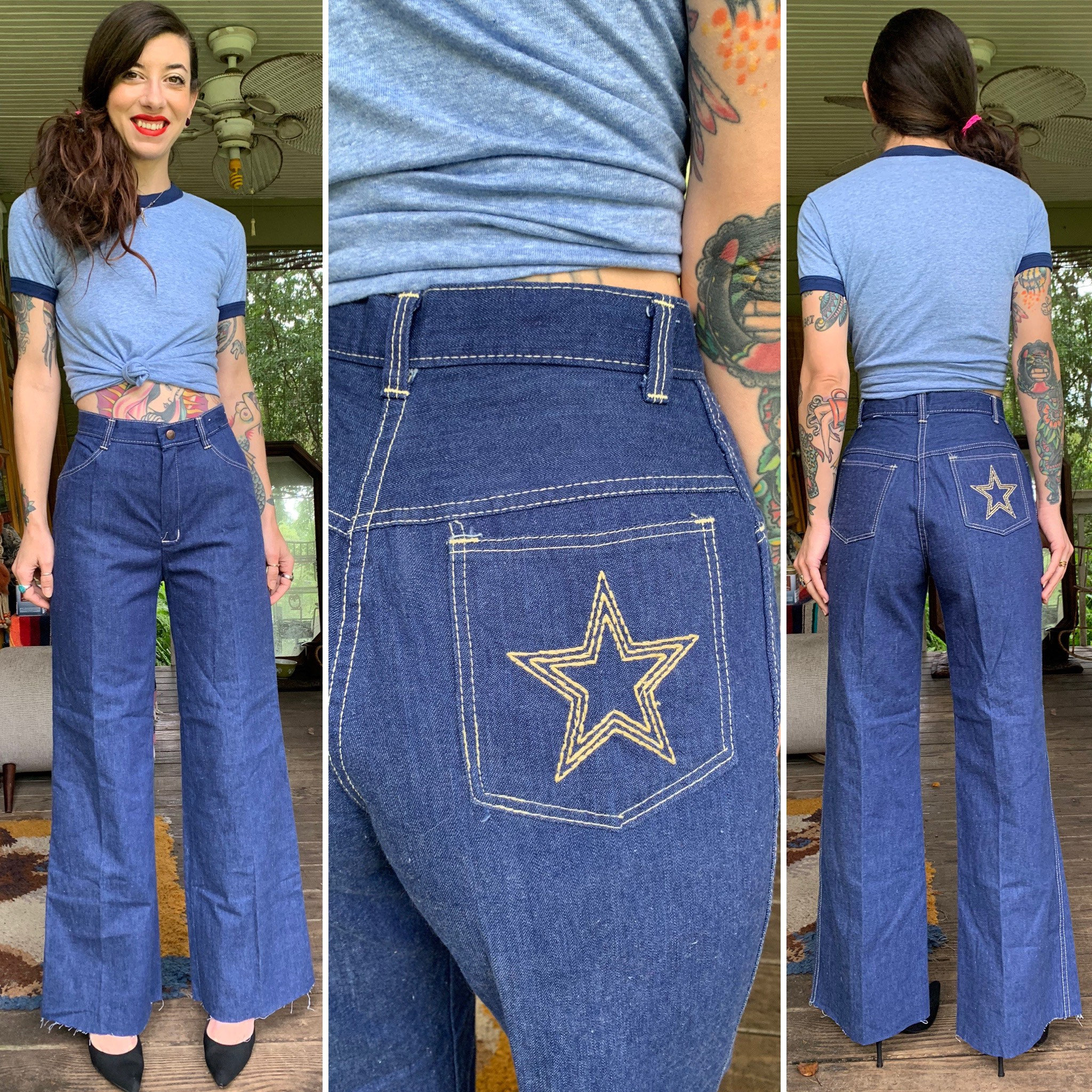 Vintage 1970's Rare Indigo Denim Wide Leg Jeans Star Booty Vintage 1970's Rare Indigo Denim Wide Leg Jeans Star Booty