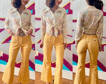 Vintage 1970er Jahre Wrangler Bananengelb Schlaghosen Low Rise XS S
