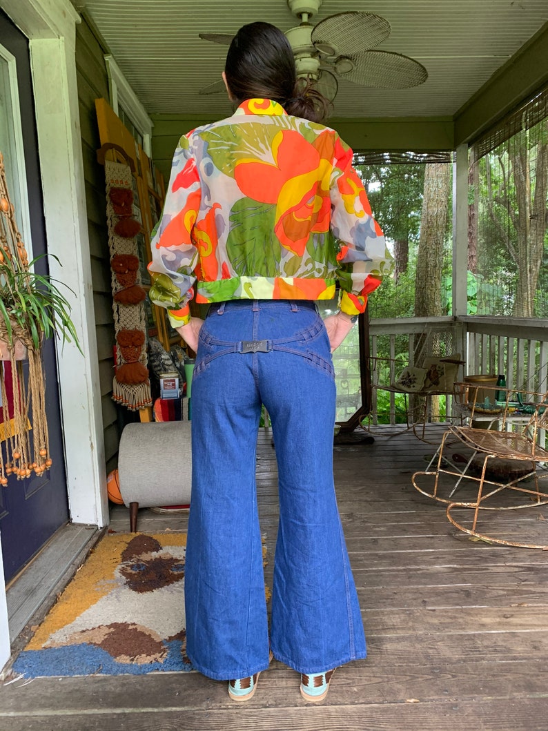 Rare Vintage 1970\u2019s N\u2019est Ce Pas Bell Bottom Flare Jeans Buckle Back Orange Stitching size 28\u201d