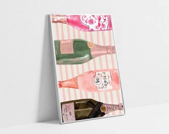 Pink Wine Bottle Wall Art Print, Watercolour Champagne Bottle Poster, Chic Decor, Kitchen Wall Art, Girly Home Decor, Wine Lover Gift