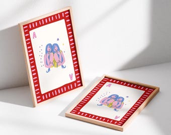 Gemini Art Print, Ace of Hearts Poster, Playing Card Wall Art, Zodiac Decor, Retro Vintage Poster, Astrology Gift, Gemini Gift
