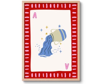 Aquarius Art Print, Ace of Hearts Poster, Playing Card Wall Art, Zodiac Decor, Retro Vintage Poster, Astrology Gift, Aquarius Gift