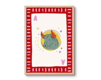 Taurus Art Print, Ace of Hearts Poster, Playing Card Wall Art, Zodiac Decor, Retro Vintage Poster, Astrology Gift, Taurus Gift