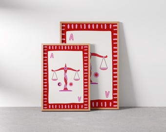 Libra Art Print, Ace of Hearts Poster, Playing Card Wall Art, Zodiac Decor, Retro Vintage Poster, Astrology Gift, Libra Gift