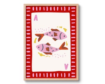 Pisces Art Print, Ace of Hearts Poster, Fish Playing Card Wall Art, Zodiac Decor, Retro Vintage Poster, Astrology Gift, Pisces Gift