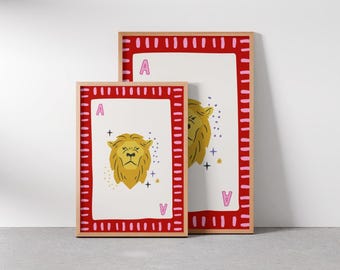 Leo Art Print, Ace of Hearts Poster, Lion Playing Card Wall Art, Zodiac Decor, Retro Vintage Poster, Astrology Gift, Leo Gift