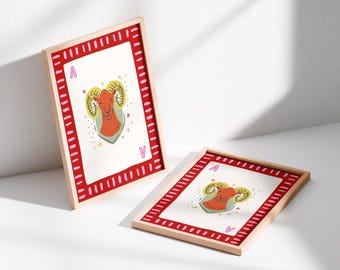 Aries Art Print, Ace of Hearts Poster, Playing Card Wall Art, Zodiac Decor, Retro Vintage Poster, Astrology Gift, Aries Gift