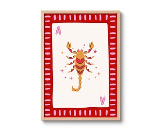 Scorpio Art Print, Ace of Hearts Poster, Playing Card Wall Art, Zodiac Decor, Retro Vintage Poster, Astrology Gift, Scorpio Gift