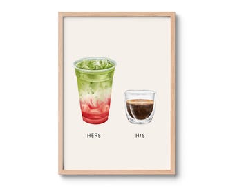 Personalised Couples Drinks Print, Custom Watercolour Couples Poster, Favourite Drinks Illustration, Coffee & Matcha Art, Gift for Couple
