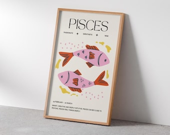 Pisces Art Print, Pisces Zodiac Poster, Fish Wall Art, Zodiac Decor, Retro Vintage Poster, Astrology Gift, Pisces Gift