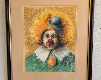 Vintage pastel/krijtclown uit de jaren 70, gesigneerd door J Tompick