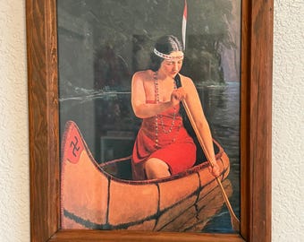 Vintage 1970 “Native American Women In Canoe” Print 10" X 8.5" Framed