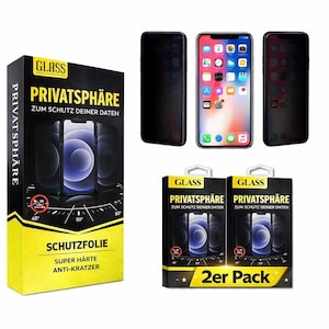 Könnte beinhalten: Produktbild von Displayschutzfolien für Smartphones. Die Verpackung ist schwarz und gelb, mit den Wörtern "GLASS" und "PRIVATSPHÄRE" aufgedruckt. Das Bild zeigt auch ein Smartphone mit angebrachter Displayschutzfolie.