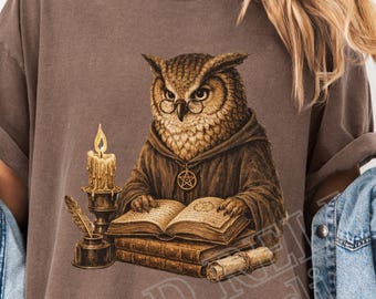 Gothic Owl Reading T-shirt, Comfort Colors® Vintage Bookish Graphic Shirt, Dark Academia Witchy Tee, Weird Animal Owl Lover Gift Shirt,