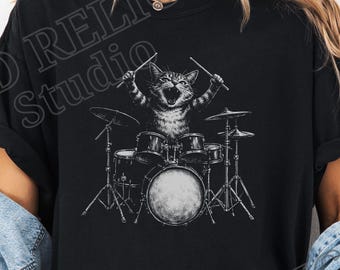 Drummer Cat T-shirt, Comfort Colors® Funny Drummer Graphic Tee, Sarcastic Dad Rock Band Shirt, Fathers Day Gift, Weird Animal Tee,
