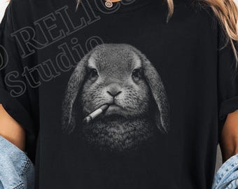 Smoking Bunny T-shirt, Comfort Colors® Funny Rabbit Graphic Shirt, Edgy Animal Tee, Weird Animal Art Shirt, Sarcastic Easter Surreal Gift,