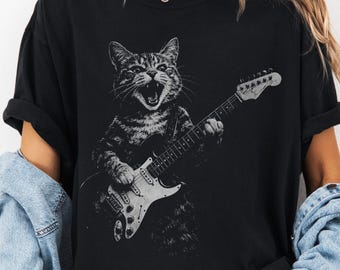 Rockstar Cat T-shirt, Comfort Colors® Hard Rock Guitar Graphic Tee, Rock Band Music Concert Top, Funny Kitten Graphic, Weird Animal Shirt,