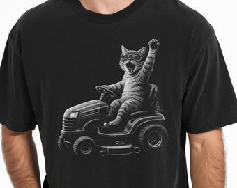 Cat Riding Lawn Mower T-shirt, Comfort Colors® Vintage Funny Gardeners Shirt, Grandad Gardener Dad Graphic Tee, Sarcastic Gardening Top,