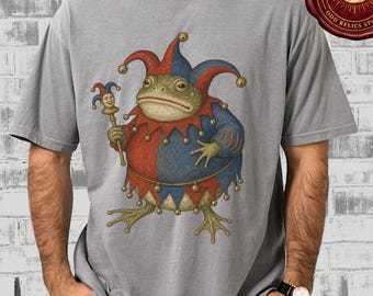 The Jester Graphic T-Shirt Comfort Colors® Vintage Medieval Weird Frog Anthro Dark Academia Shirt Amphibian Toad Fantasy Creature Design Tee
