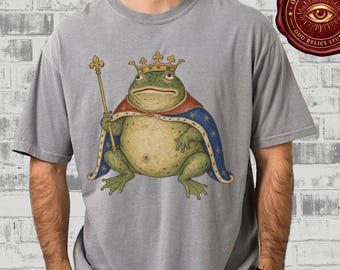 Frog King Graphic T-shirt Comfort Colors® Royal Frog Anthro Dark Academia Crowned King Design Shirt Fantasy Medieval Weird Creature Tee