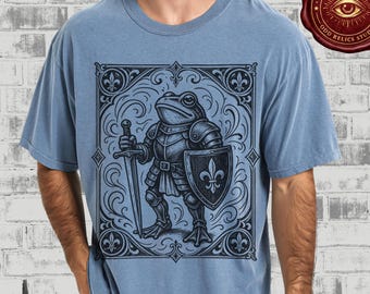 Armored Frog Knight T-Shirt Comfort Colors® Medieval Anthro Heraldry Graphic Shirt Funny Knight Frog T-Shirt  Weird Animal Art Tee