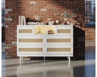 Hetoy Rattan 6 Drawer Dresser with LED Lights & Charging Station, 47" Wide Boho Rattan TV Stand, Modern Wooden Storage Cabinet for Bedroom